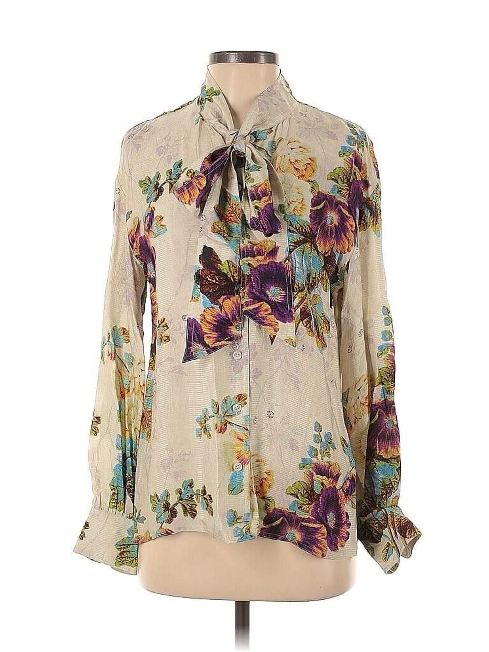 Tory Burch Printed Floral Bow Tie Neck Blouse Cream 4